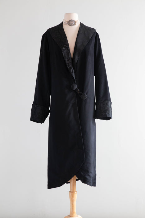 Elegant Early 1920's Black Wool Gabardine Evening Coat / M