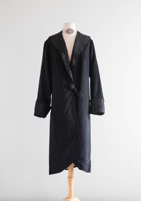 Elegant Early 1920's Black Wool Gabardine Evening Coat / M