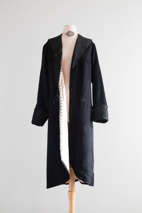 Elegant Early 1920's Black Wool Gabardine Evening Coat / M