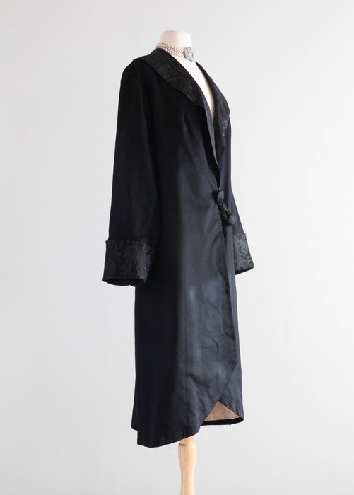 Elegant Early 1920's Black Wool Gabardine Evening Coat / M