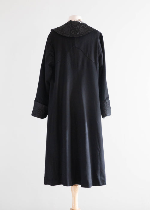 Elegant Early 1920's Black Wool Gabardine Evening Coat / M