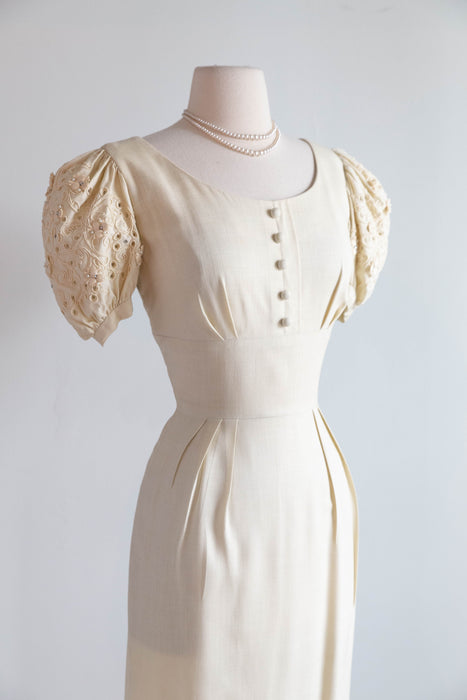 Darling 1950's Creampuff Ivory Wiggle Dress With Embroidered Sleeves / M
