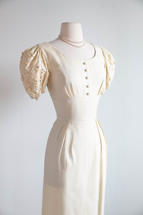 Darling 1950's Creampuff Ivory Wiggle Dress With Embroidered Sleeves / M