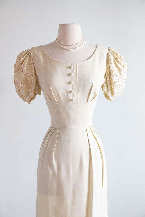 Darling 1950's Creampuff Ivory Wiggle Dress With Embroidered Sleeves / M