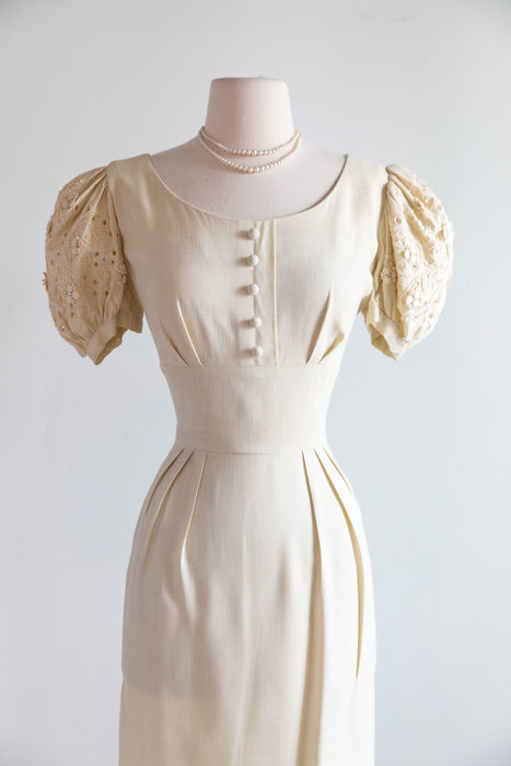 Darling 1950's Creampuff Ivory Wiggle Dress With Embroidered Sleeves / M