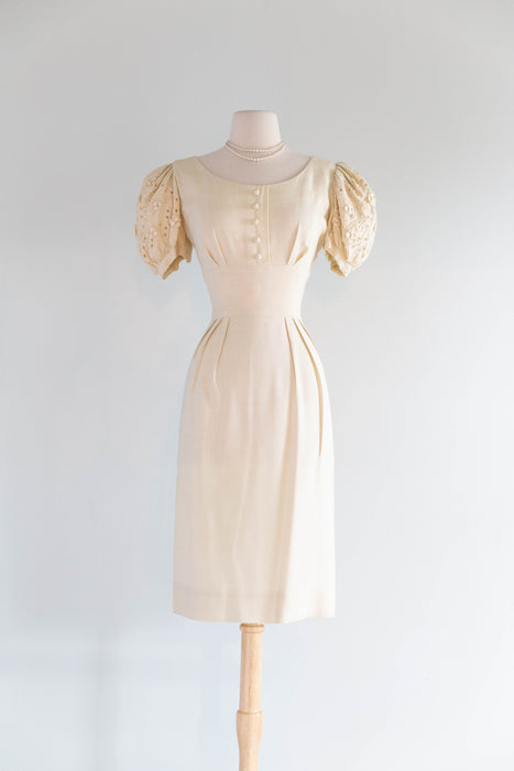Darling 1950's Creampuff Ivory Wiggle Dress With Embroidered Sleeves / M