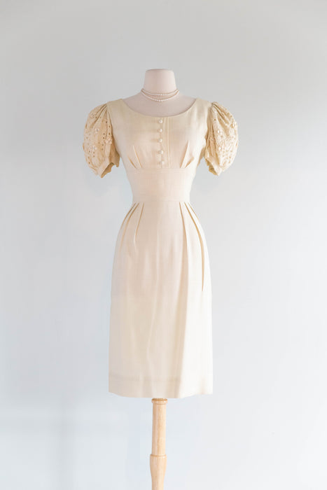 Darling 1950's Creampuff Ivory Wiggle Dress With Embroidered Sleeves / M
