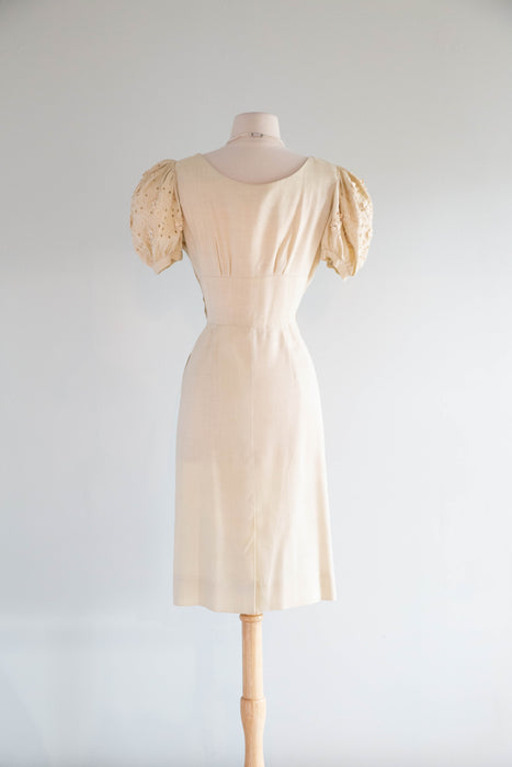 Darling 1950's Creampuff Ivory Wiggle Dress With Embroidered Sleeves / M