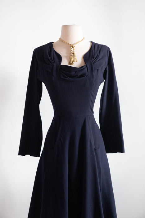 Elegant 1940's Demi Couture Jacques Fath Navy Blue Wool Dress With Pockets / S