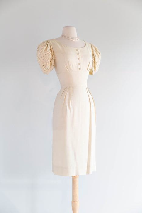 Darling 1950's Creampuff Ivory Wiggle Dress With Embroidered Sleeves / M