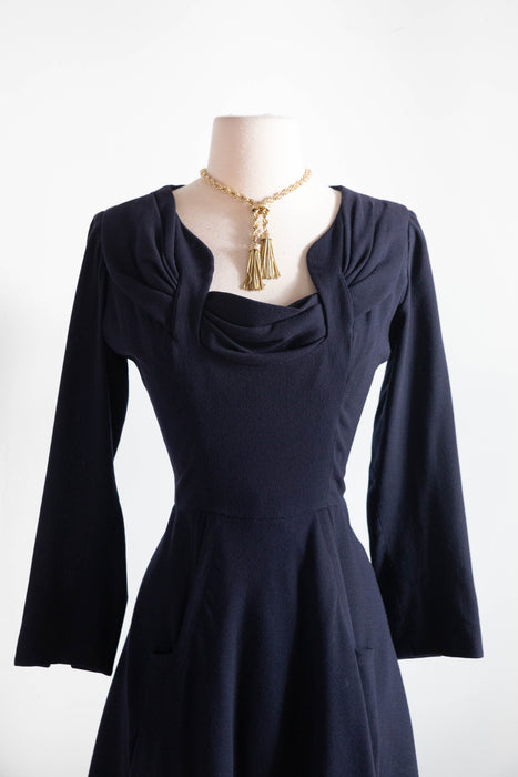 Elegant 1940's Demi Couture Jacques Fath Navy Blue Wool Dress With Pockets / S