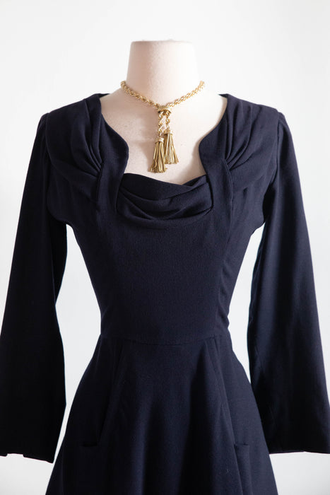 Elegant 1940's Demi Couture Jacques Fath Navy Blue Wool Dress With Pockets / S