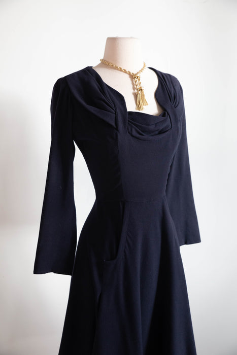 Elegant 1940's Demi Couture Jacques Fath Navy Blue Wool Dress With Pockets / S