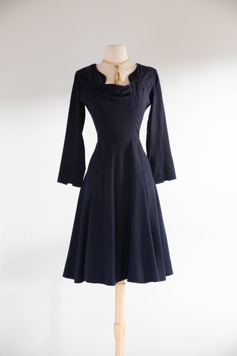 Elegant 1940's Demi Couture Jacques Fath Navy Blue Wool Dress With Pockets / S