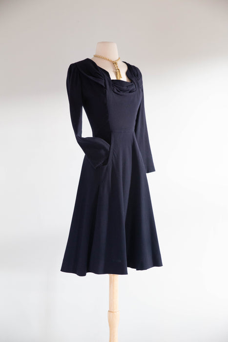 Elegant 1940's Demi Couture Jacques Fath Navy Blue Wool Dress With Pockets / S