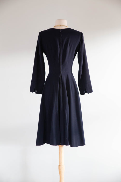 Elegant 1940's Demi Couture Jacques Fath Navy Blue Wool Dress With Pockets / S