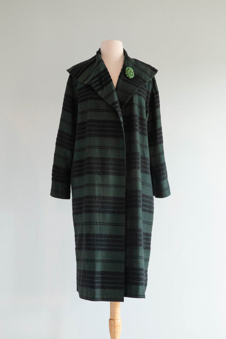 Chic 1950's Ladies Car Coat From Mexico is Forest Green and Black / Medium