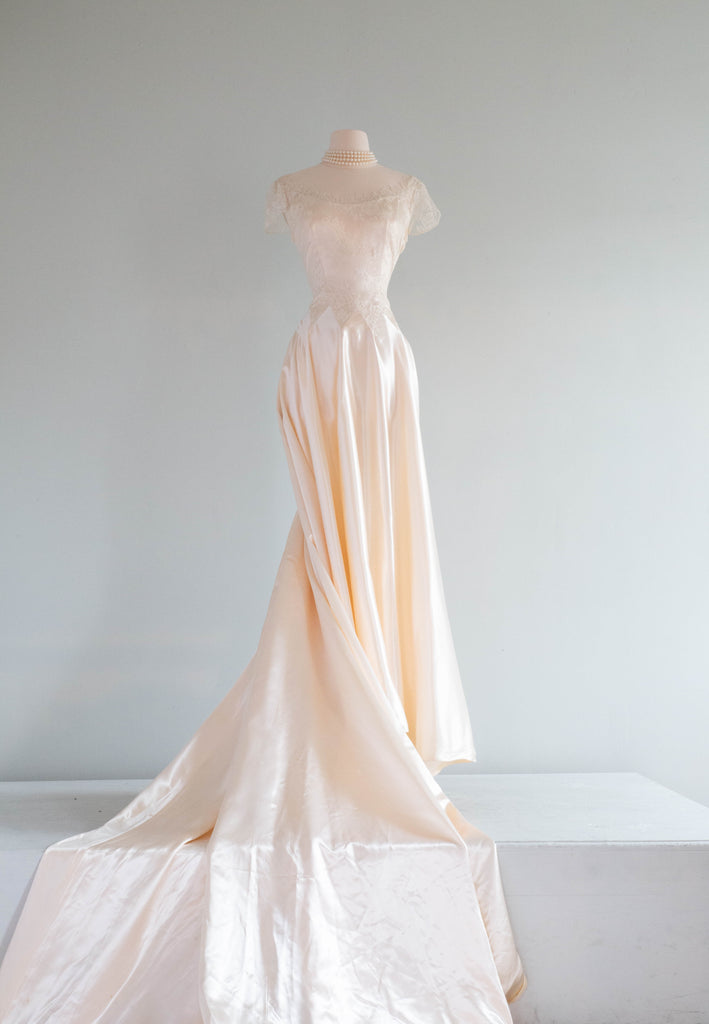 Spectacular 1950's Liquid Slipper Satin And Illusion Lace Wedding Gown Xtabay Vintage Spectacular 1950's Liquid Slipper Satin And Illusion Lace Wedding Gown Xtabay Vintage