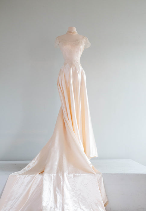 Spectacular 1950's Liquid Slipper Satin And Illusion Lace Wedding Gown Xtabay Vintage Spectacular 1950's Liquid Slipper Satin And Illusion Lace Wedding Gown Xtabay Vintage