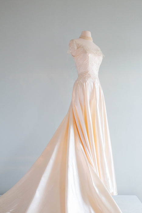 Spectacular 1950's Liquid Slipper Satin And Illusion Lace Wedding Gown / M