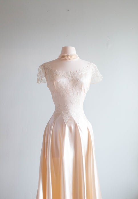 Spectacular 1950's Liquid Slipper Satin And Illusion Lace Wedding Gown / M