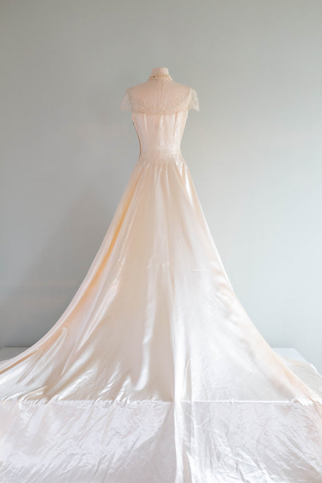 Spectacular 1950's Liquid Slipper Satin And Illusion Lace Wedding Gown / M