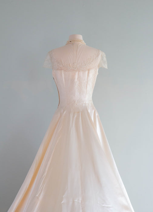 Spectacular 1950's Liquid Slipper Satin And Illusion Lace Wedding Gown / M