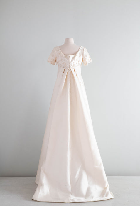 Elegant 1960's Shantung Silk Wedding Gown With Pearls Watteau