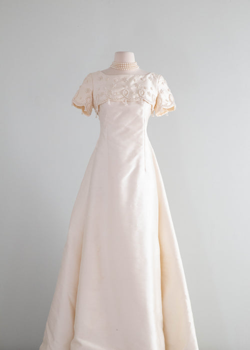 Elegant 1960's Shantung Silk Wedding Gown With Pearls & Watteau Train – Xtabay Vintage