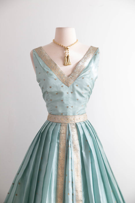 Stunning 1950's Aquamarine Indian Sari Silk Cocktail Dress / S