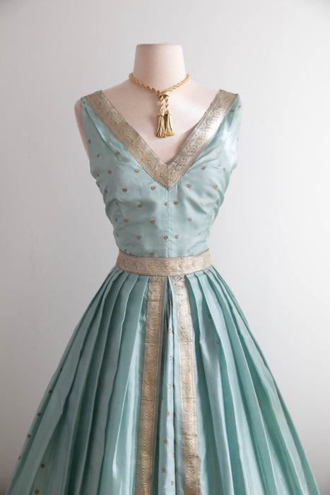 Stunning 1950's Aquamarine Indian Sari Silk Cocktail Dress / S