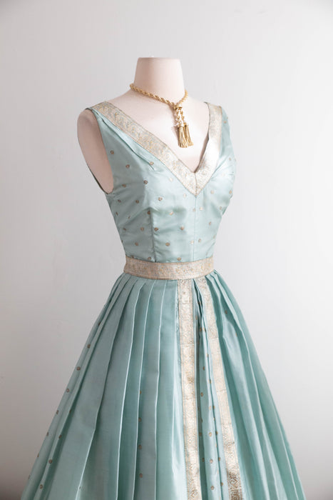 Stunning 1950's Aquamarine Indian Sari Silk Cocktail Dress / S
