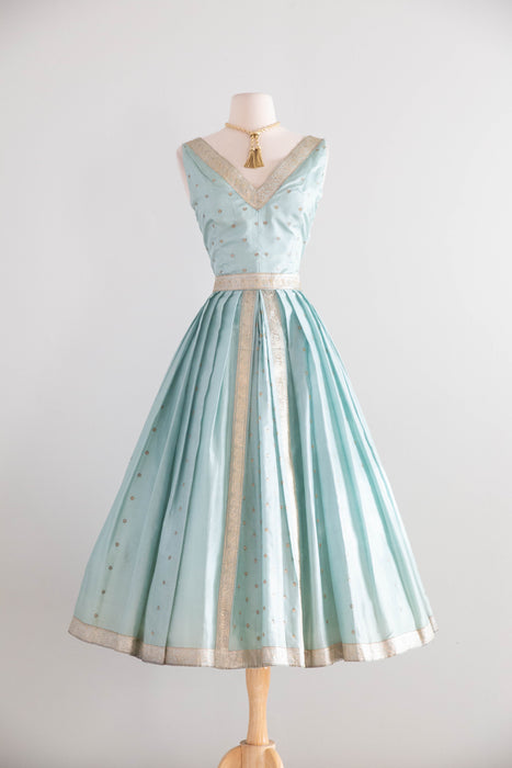 Stunning 1950's Aquamarine Indian Sari Silk Cocktail Dress / S