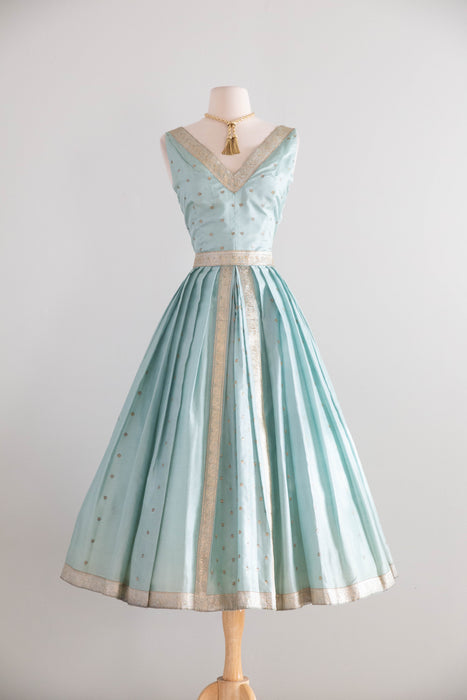 Stunning 1950's Aquamarine Indian Sari Silk Cocktail Dress / S