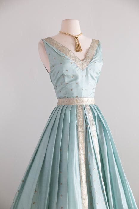 Stunning 1950's Aquamarine Indian Sari Silk Cocktail Dress / S