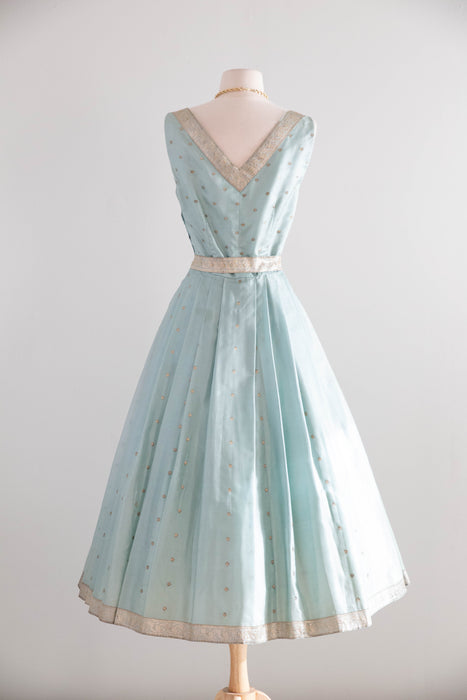Stunning 1950's Aquamarine Indian Sari Silk Cocktail Dress / S