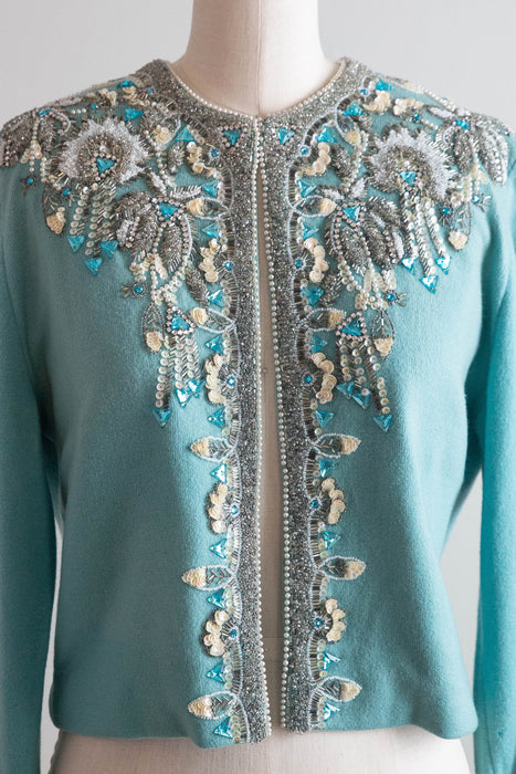Extraordinary 1960's Hand Beaded Tiffany Blue Cashmere Cardigan / M