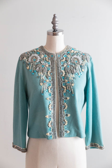 Extraordinary 1960's Hand Beaded Tiffany Blue Cashmere Cardigan / M