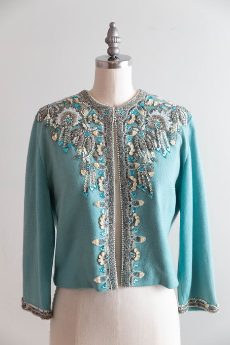 Extraordinary 1960's Hand Beaded Tiffany Blue Cashmere Cardigan / M