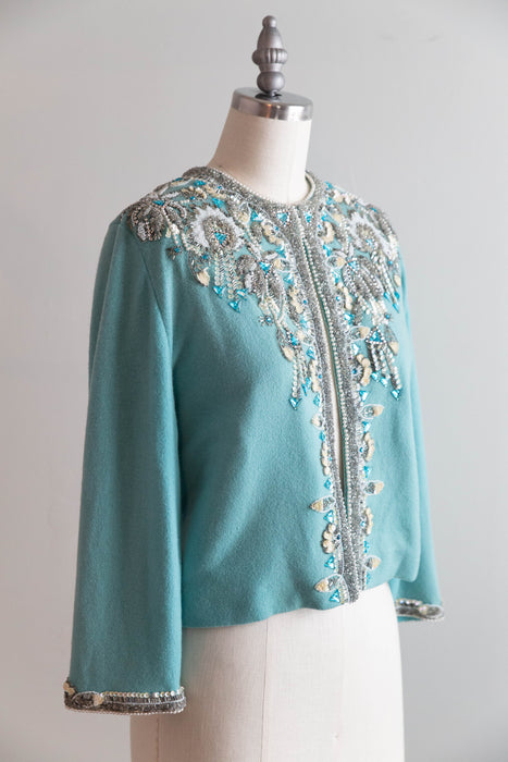 Extraordinary 1960's Hand Beaded Tiffany Blue Cashmere Cardigan / M
