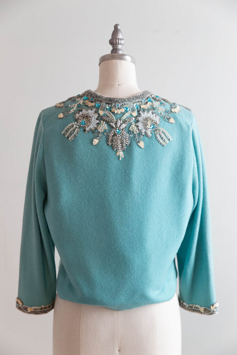 Extraordinary 1960's Hand Beaded Tiffany Blue Cashmere Cardigan / M