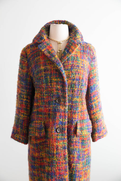 Fabulous 1960's Technicolor Rainbow Boucle' Ladies Coat By Sandra Sage / M
