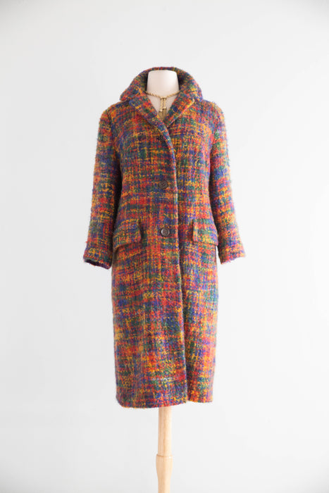Fabulous 1960's Technicolor Rainbow Boucle' Ladies Coat By Sandra Sage / M