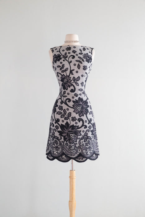 Absolutely Adorable 1960's Black Lace Print Shift Dress By Mam'selle / SM