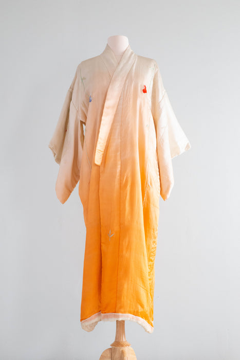 Gorgeous Antique Silk Kimono Orange Ombre Dye With Hand Embroidery / OS