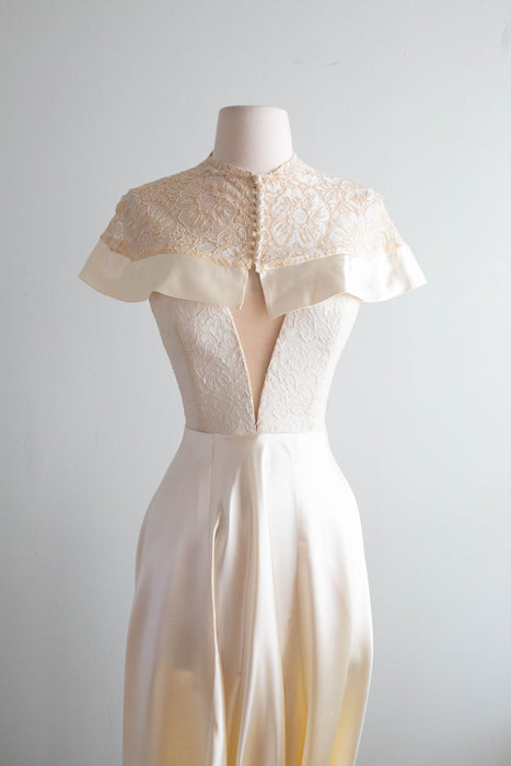 Vintage Xtabay Bespoke Wedding Gown In Candlelight Satin & Antique Lace / M