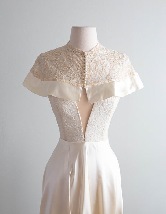 Vintage Xtabay Bespoke Wedding Gown In Candlelight Satin & Antique Lace / M