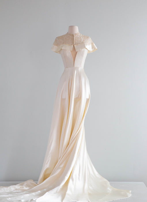 Vintage Xtabay Bespoke Wedding Gown In Candlelight Satin & Antique Lace / M