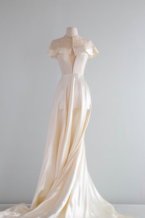 Vintage Xtabay Bespoke Wedding Gown In Candlelight Satin & Antique Lace / M