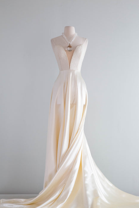 Vintage Xtabay Bespoke Wedding Gown In Candlelight Satin & Antique Lace / M